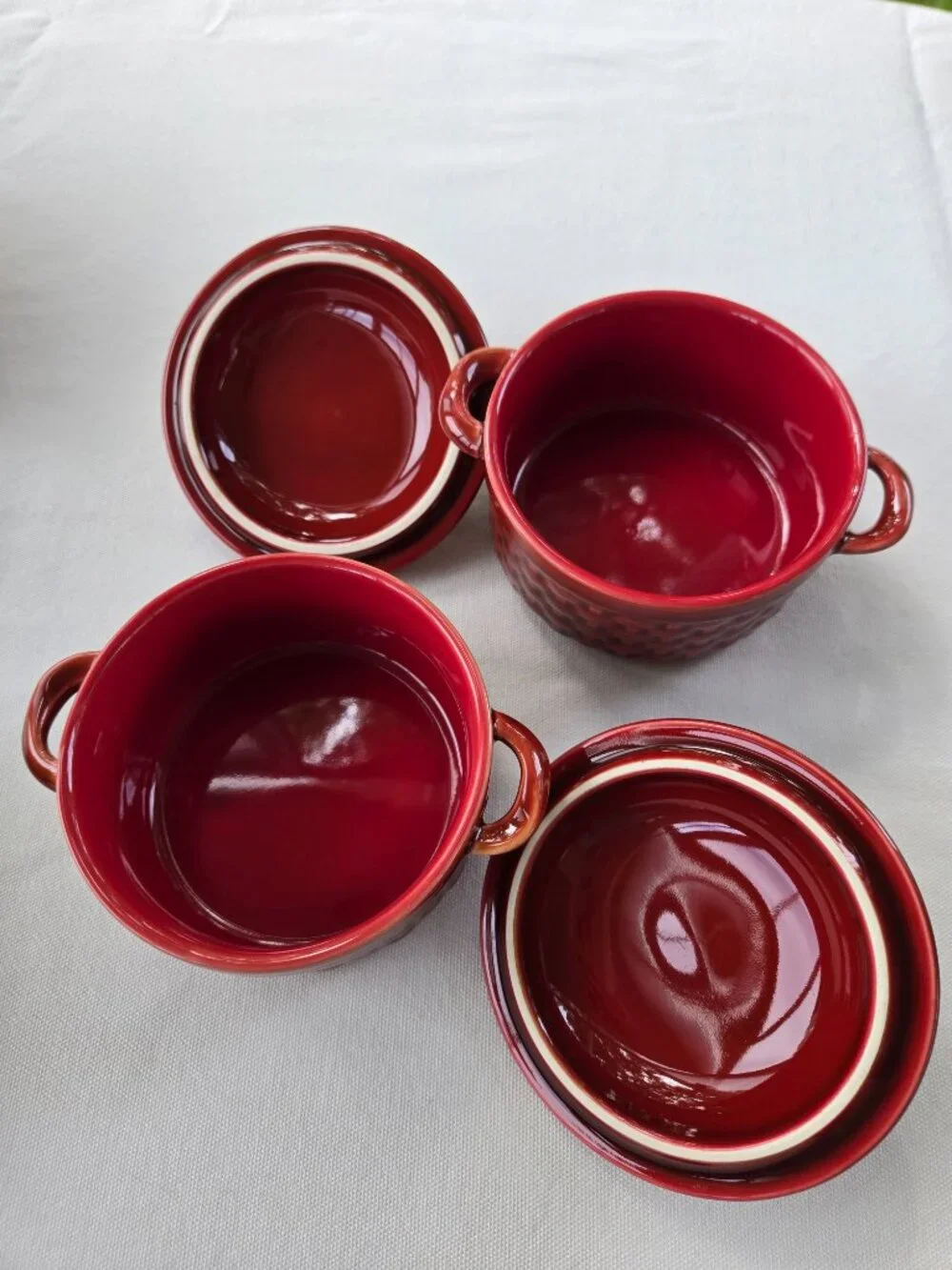 Pier 1 Imports two Red Basket Weave Ovenware Ramekin Soufflé Mini Dish with lids
